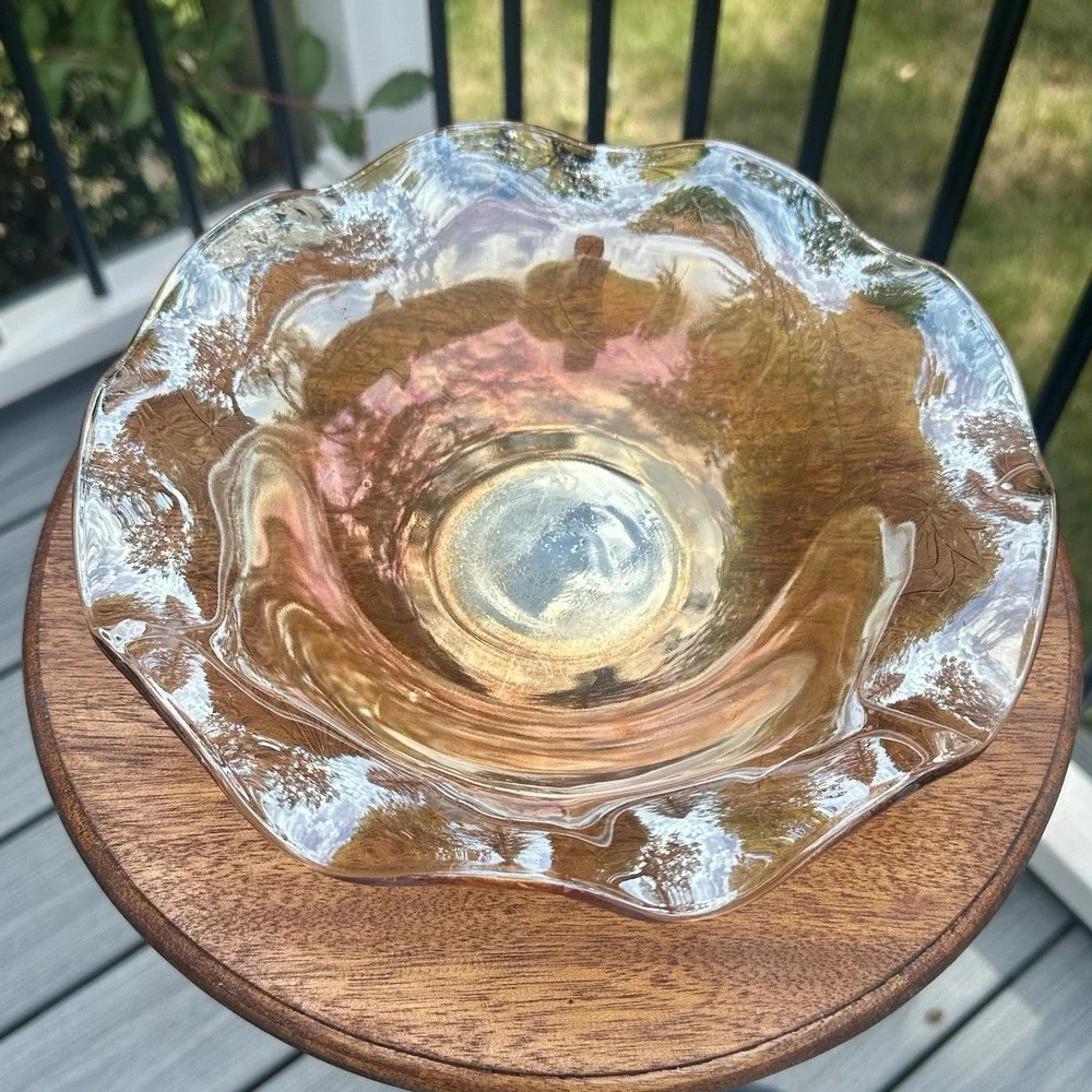 Jeanette Carnival Glass Bowl Vtg Iridescent Orange Floragold Louisa Ruffled 9.5
